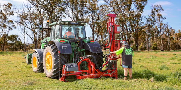 Kinghitter hydraulic post rammer fitted to a John Deere tractor.